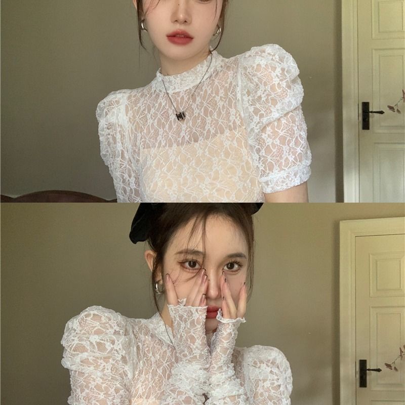 Cổ Phiếu Sẵn Sàng❤Ah F &amp; X Áo Sơ Mi Voan Mỏng Tay Phồng Cổ Tròn Phối Ren Phong Cách Pháp Thời Trang Mùa Hè Cho Nữ