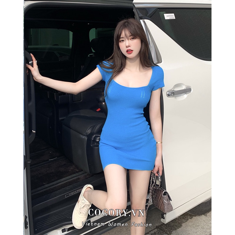 Cocory vn Đầm Dệt Kim Trễ Vai Cổ Vuông Dáng Ôm Phong Cách Âu Mỹ Đơn Giản Gợi Cảm Cho Nữ