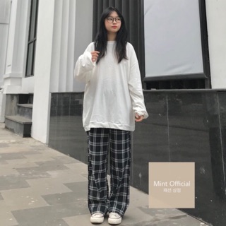 Set áo sweater quần kẻ caro xanh đậm