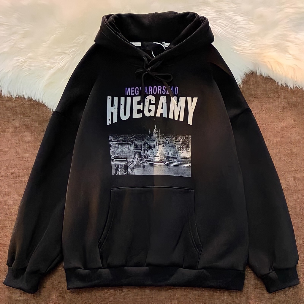 Áo Hoodie Nỉ Ngoại Unisex HUEGAMY Dáng Thụng Dây Rút 2 Màu