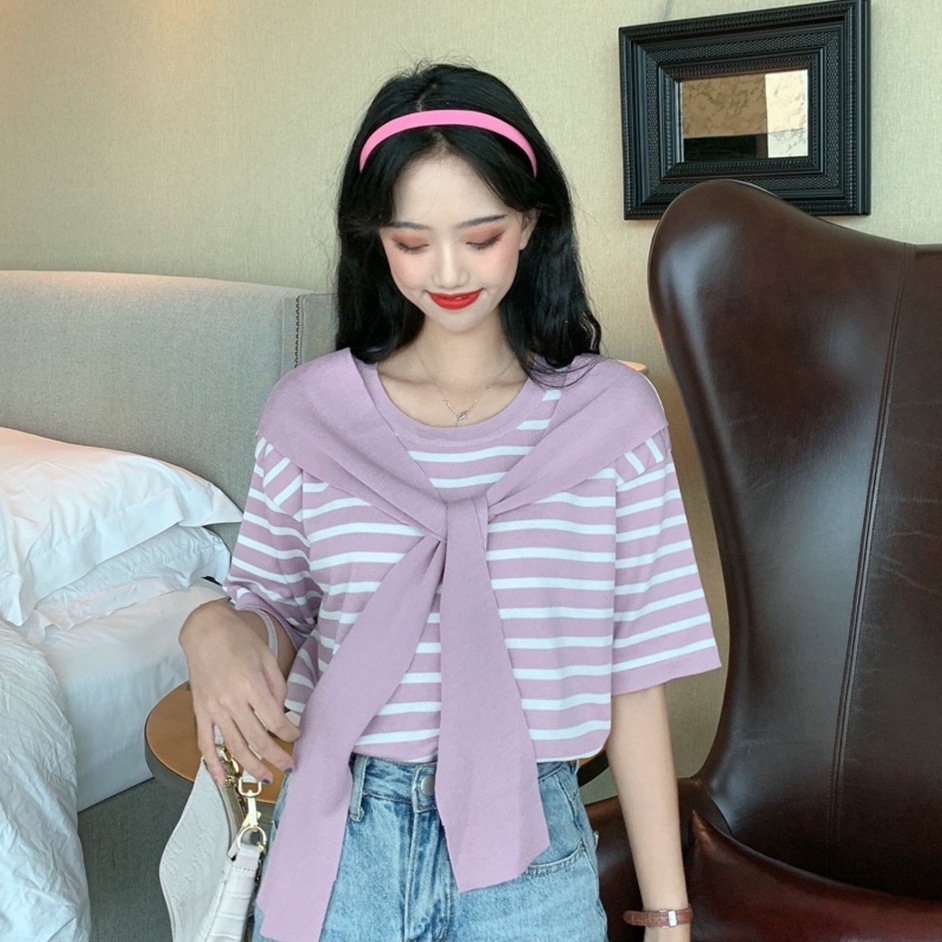 Áo thun tay ngắn ZHELIHANGFEI giả hai lớp họa tiết kẻ sọc thời trang độc đáo