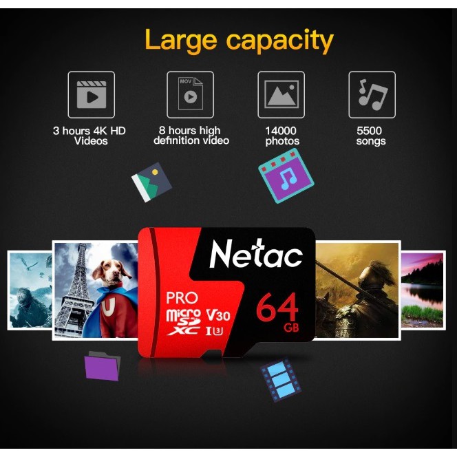 Thẻ nhớ microSDXC Netac Pro 64GB U3 4K V30 98MB/s (Đỏ) - chuyên camera, máy quay và điện thoại