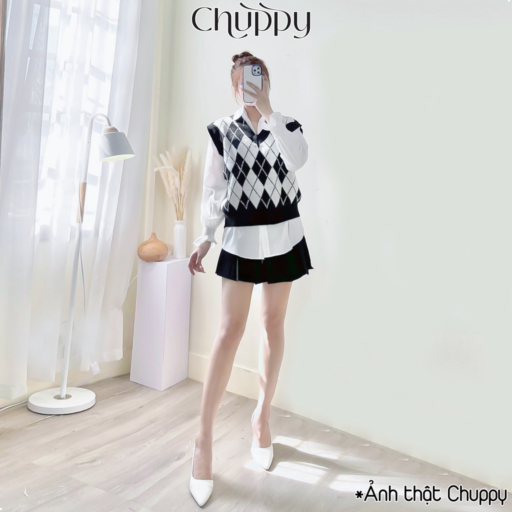 Áo gile len nữ CHUPPY chất len dày dặn họa tiết caro nhiều màu phong cách Hàn Quốc siêu xinh -GL05