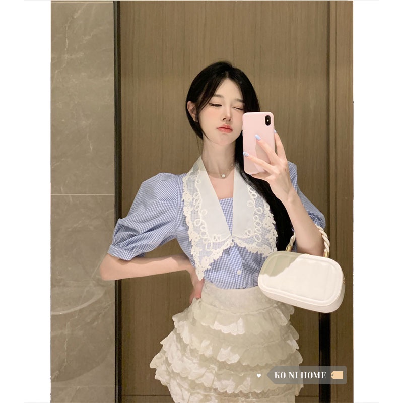 Áo sơ mi kẻ xanh cổ ren búp bê