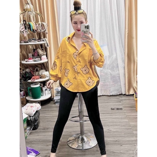 Sét Bộ Đồ ,sét bộ áo sơ mi quần legging,et Bộ Đồ Đi Chơi Nữ Áo Sơ Mi Mickey Quần Legging Lửng Ngố"