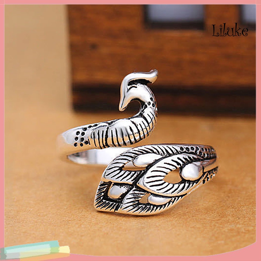 Nhẫn Hợp Kim Màu Bạc Trang Trí Hình Chim Công Có Thể Điều Chỉnh Kích Cỡ