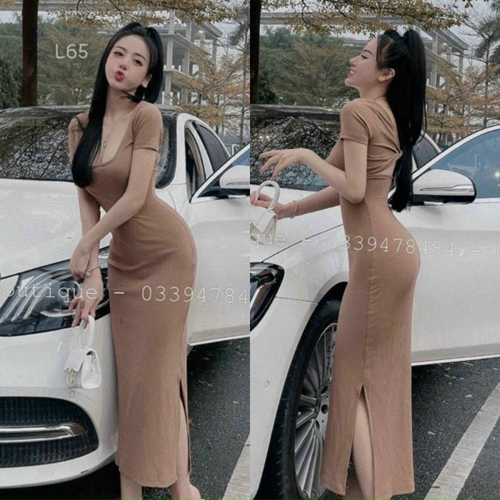Đầm body cổ vuông tay ngắn xoắn hở lưng sexy TV65