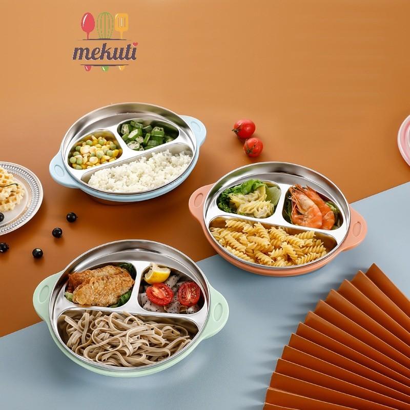 Khay ăn dặm cho bé inox 304 có nắp pp chống tràn tay cầm nhựa chống nóng, khay cơm trẻ em chia ngăn