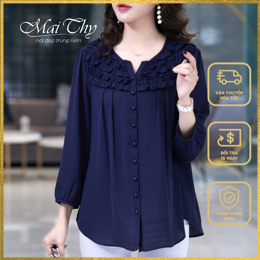 Áo Trung Niên Nữ MAI THY 355, Mẫu Sơ Mi BigSize Tay Lỡ Cổ Bèo Nhiều Nút Đẹp Trang Nhã, Thời Trang Trung Niên Nữ U40