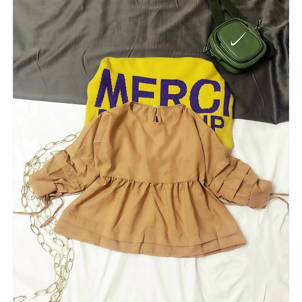 Áo babydoll tay phồng xếp ly tầng cột dây nơ tay NA