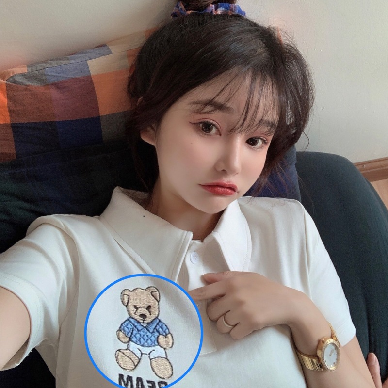 IELGY short-sleeved bear T-shirt women's summer new Korean version of the thin white short high-waisted polo collar top with navel