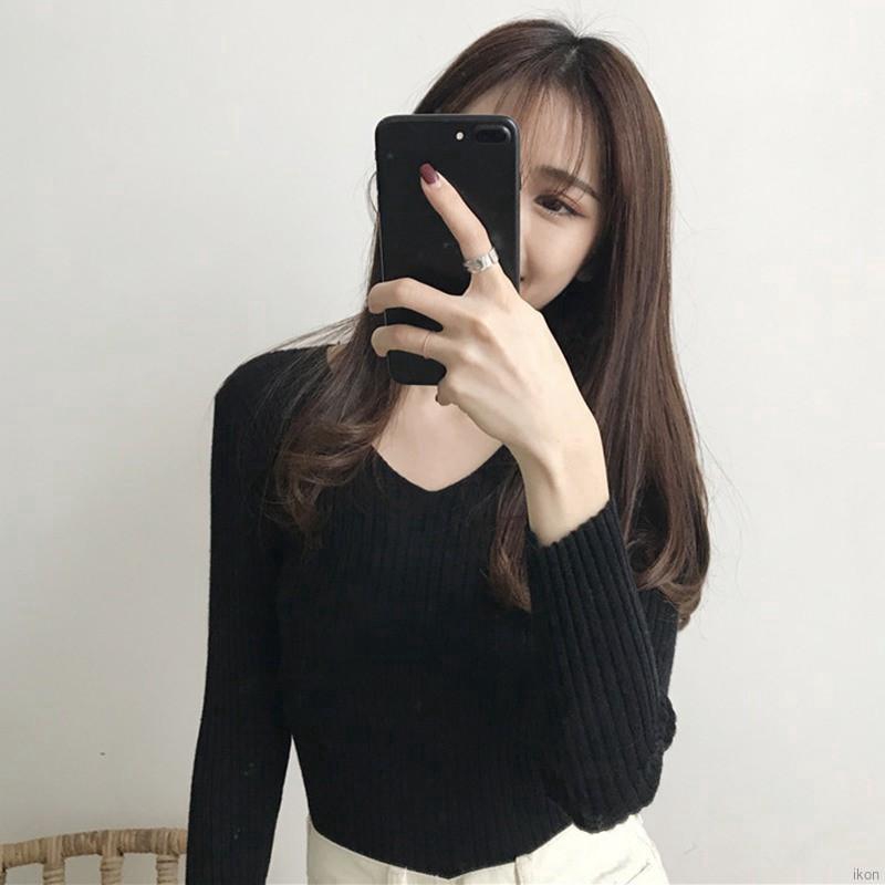 Áo len cổ chữ V tay dài dáng ôm thời trang cho nữ