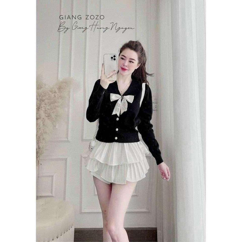 Áo len kiểu nữ đẹp đính kèm nơ đá, cúc tháo rời ra được mặc thành kiểu áo cardigan croptop len tay dài (hàng loại 1)
