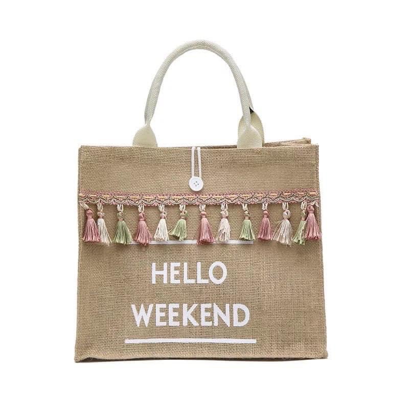 Túi Cói Hello Weekend Tua Rua , Túi Đi Biển, Túi Tote In Chữ