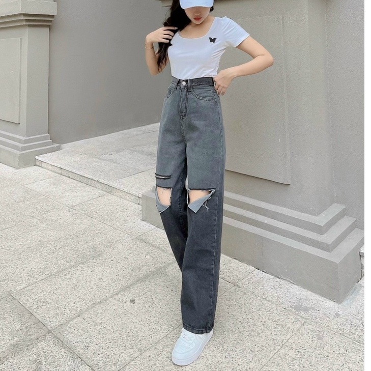 QUẦN JEANS ỐNG RỘNG NỮ LƯNG CAO LOANG MÀU XÁM RÁCH 2 VẠT 1 SỌC THỜI TRANG MỀM MỊN ĐẲNG CẤP HADI TÔN DÁNG THẦN CHƯỞNG