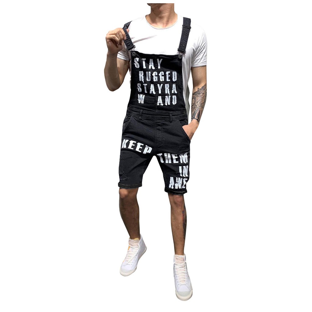 Hot sale ☛Mens Letter Pocket Jeans Overall Jumpsuit  Streetwear  Overall Suspender Pants