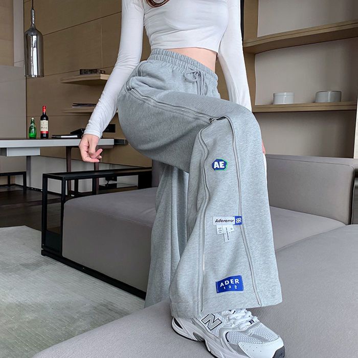 Jiashucheng Quần Thể Thao Ống Rộng Mỏng Màu Xám Phong Cách Harajuku Thu Đông Cho Nữ