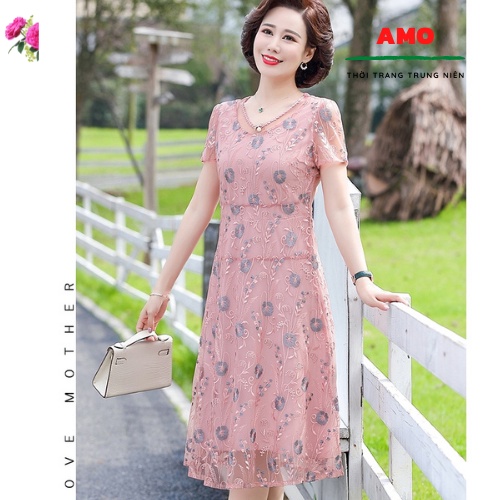 Đầm trung niên cao cấp 2 lớp cực sang trọng, hoa cúc