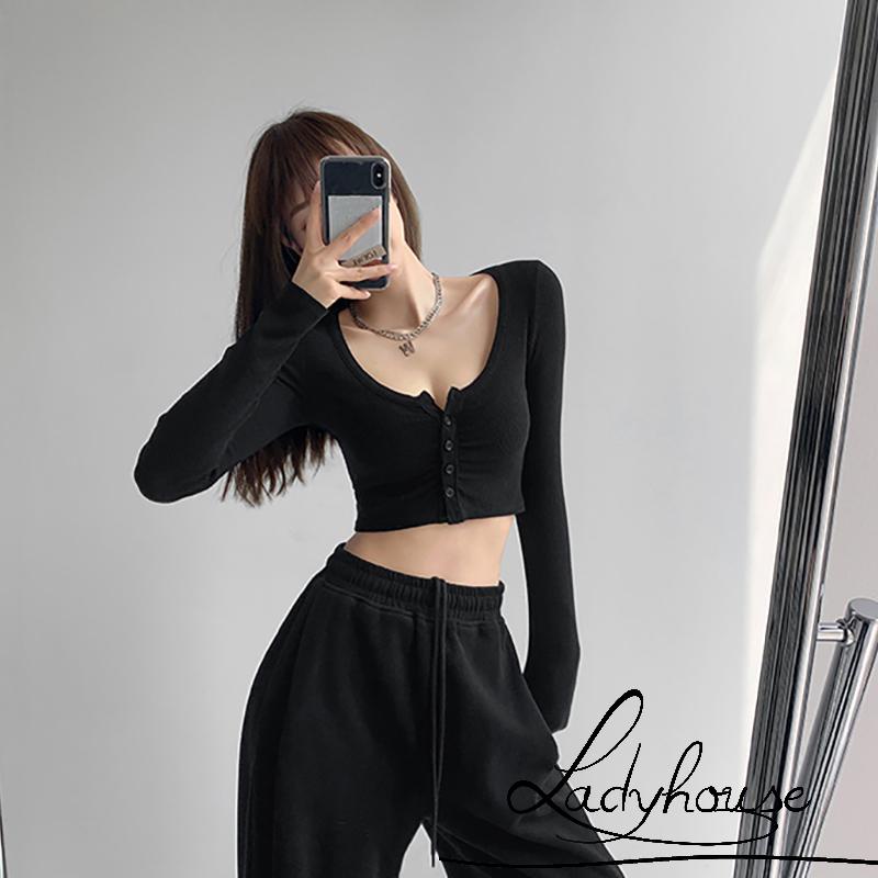 Áo Croptop Dệt Kim Tay Dài Cổ Chữ V Màu Sắc Đơn Giản Cho Nữ