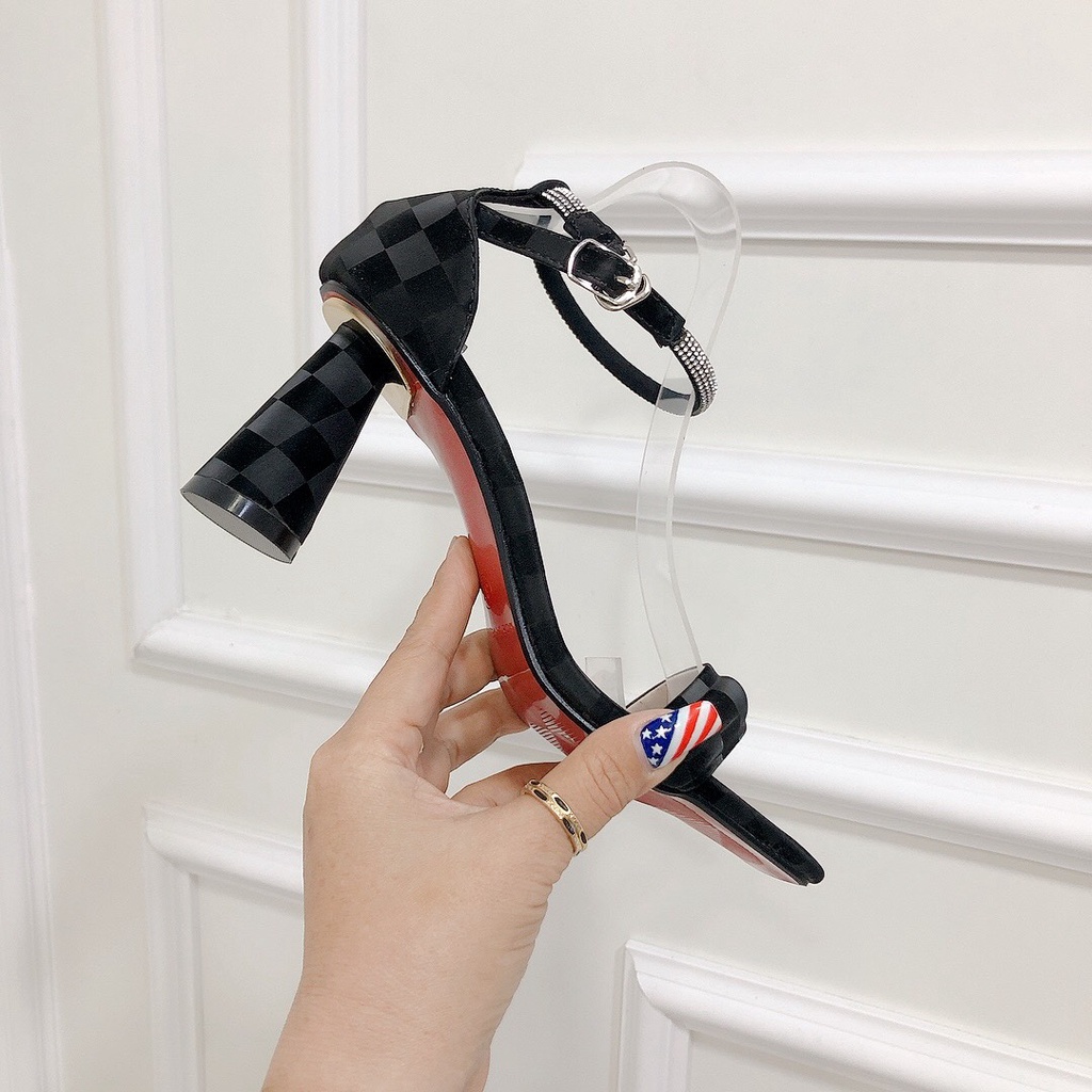 Giày Sandal nữ gót tròn cao 7P họa tiết caro phối quai đá full màu Hot Trend chất da mềm form chuẩn đẹp cực dễ mang