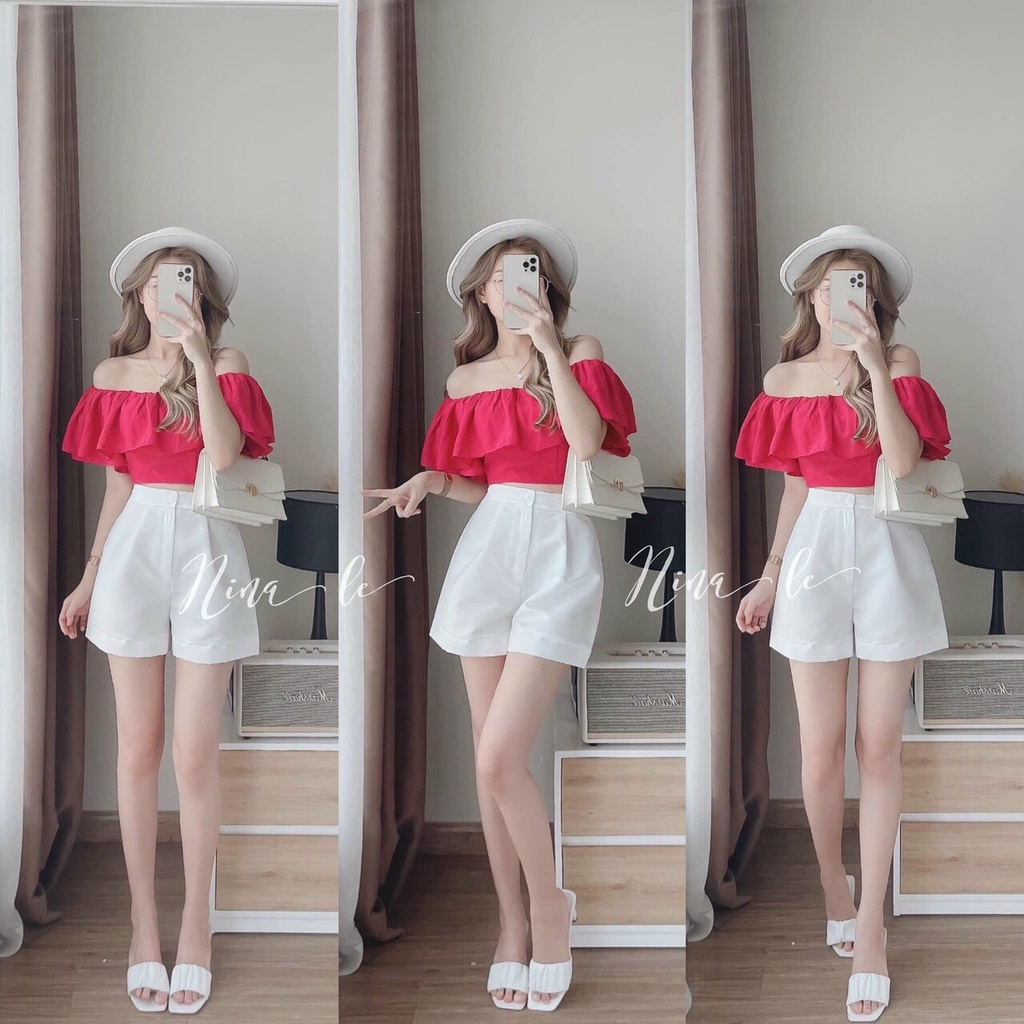 Sét áo trễ vai hồng kèm quần sooc kaki thiết kế sang trọng cá tính phong cách NOW STORE 244