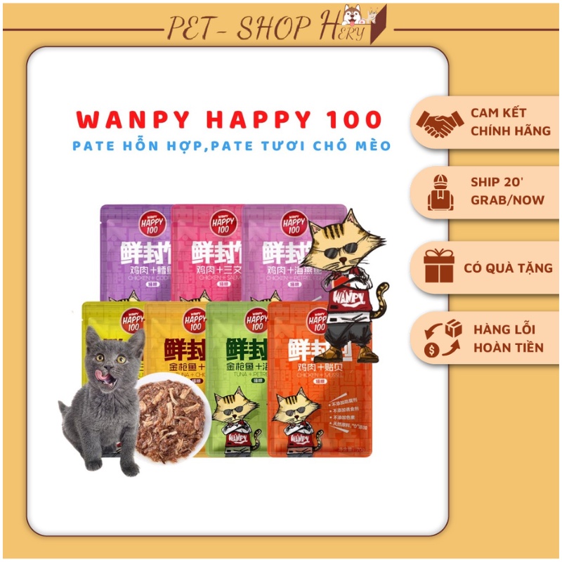 Pate Wanpy Happy 100 Cho Mèo Gói 70g - Pate Cho Mèo 6 Vị Hấp Dẫn- Hery Pet