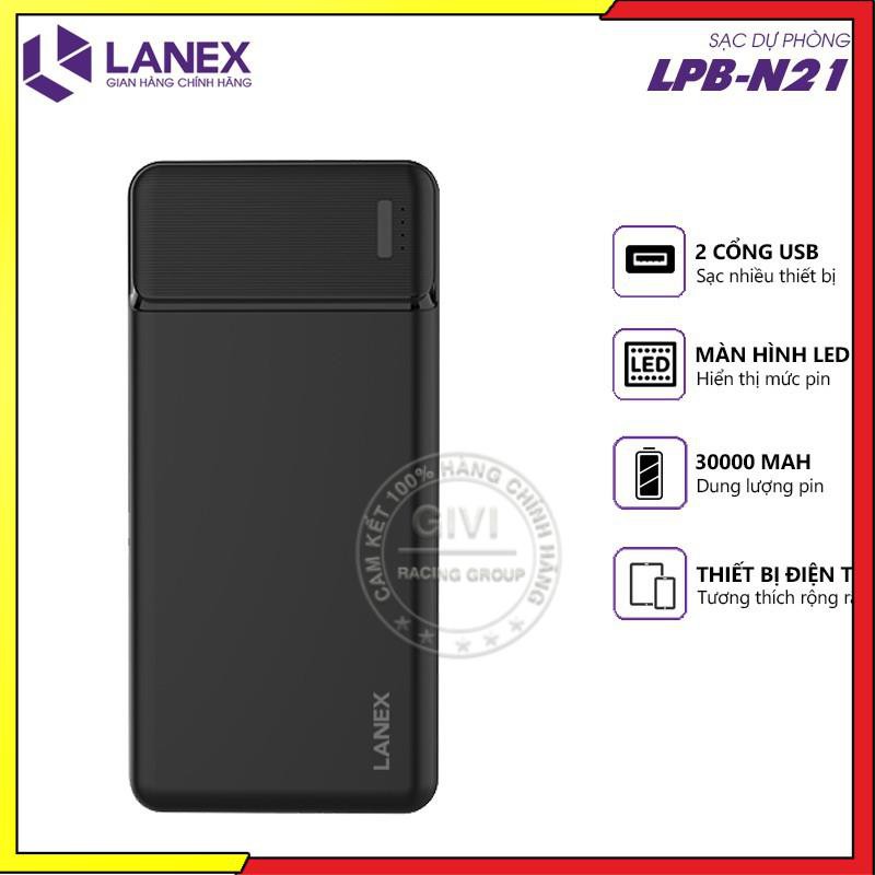 Pin dự phòng LANEX LPB - N21 30.000mah 2 cổng sạc, có đèn LEB báo dung lượng pin