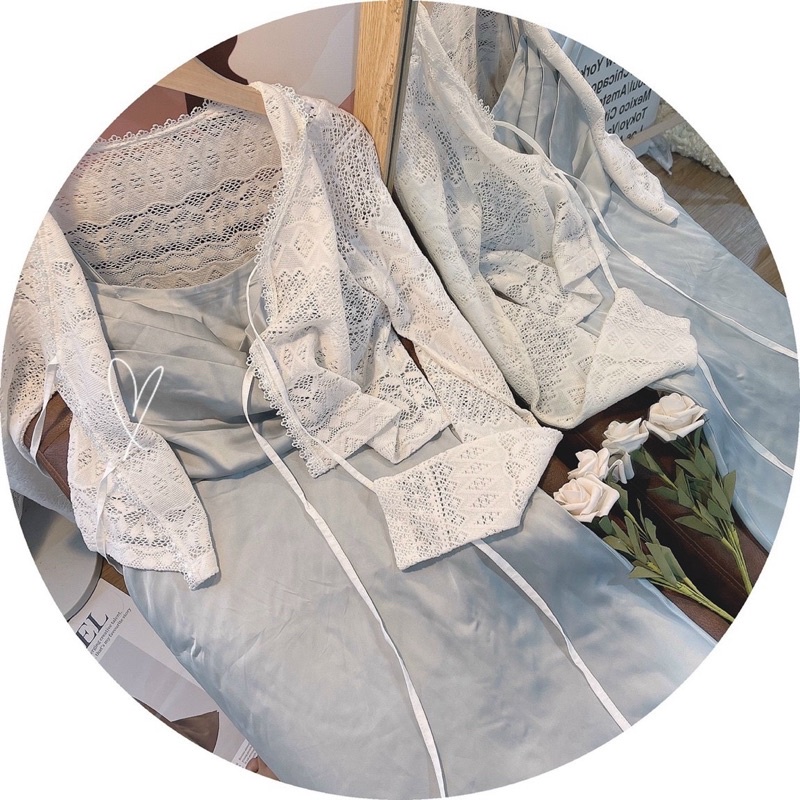 SET ĐẦM PHI XANH CỔ ĐỔ + ÁO KHOÁC REN TRẮNG