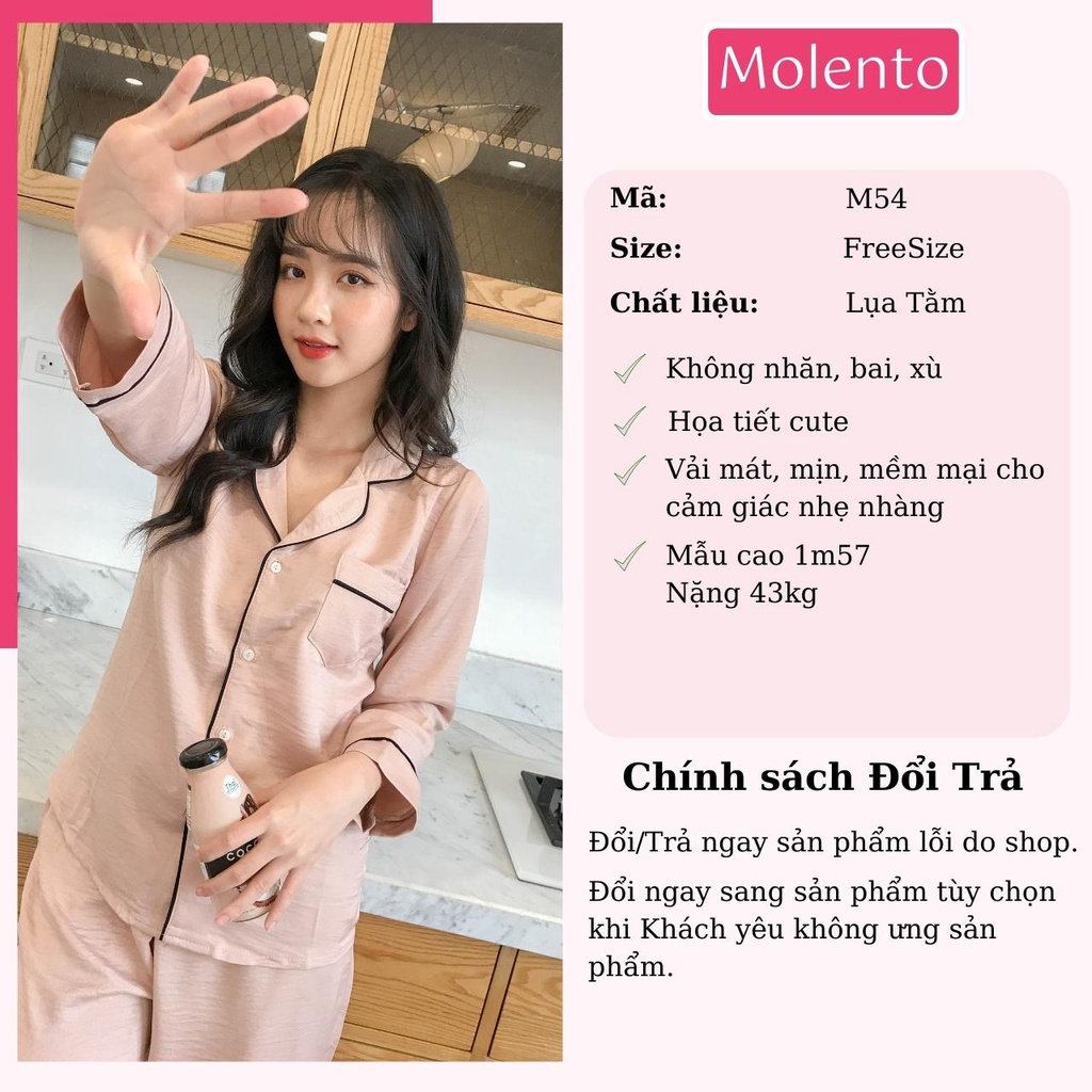 Đồ Bộ Pijama Nữ Lụa Mặc Nhà Dài Tay Cao Cấp Lụa Tằm Trơn Mềm Mịn Thoáng Mát Thấm Hút Mồ Hôi Dưới 60kg Molento M54
