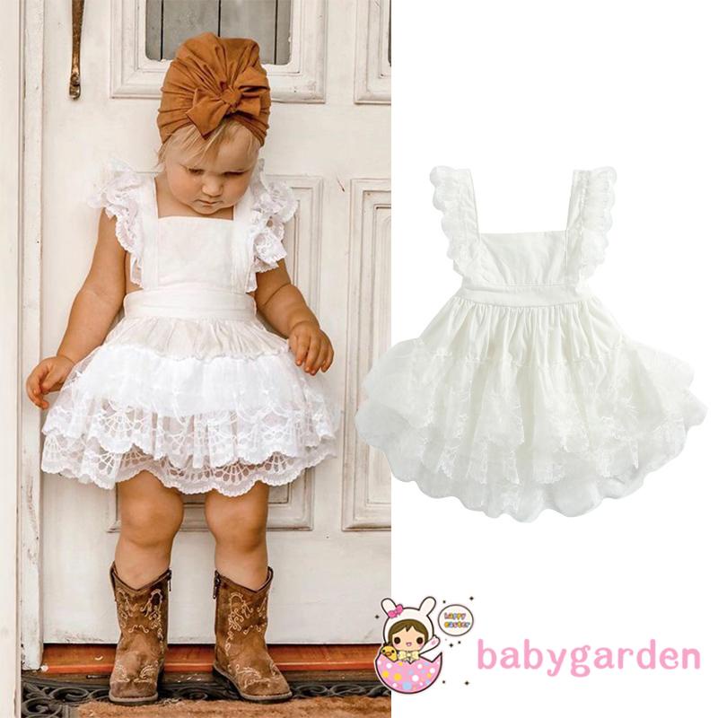 Đầm vải tuyn cổ vuông màu trơn phối ren thời trang cho bé gái 0-3 tuổi