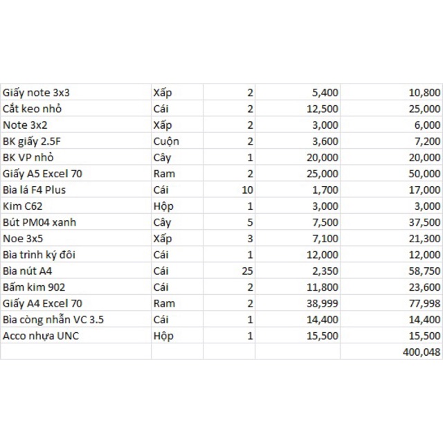 Combo 400 kèm bảng kê