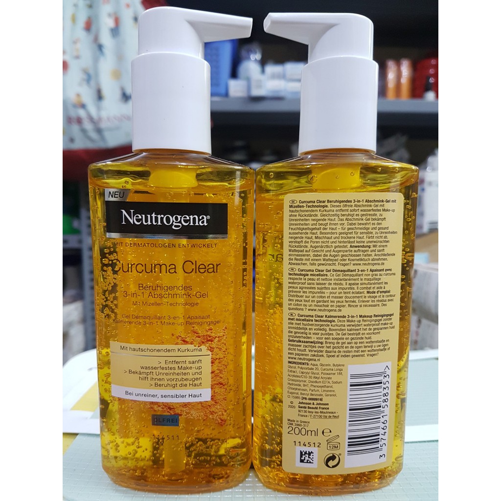 Gel rửa mặt tẩy trang tinh chất nghệ Neutrogena Curcuma Clear beruhigendes 3in1 200ml của Đức