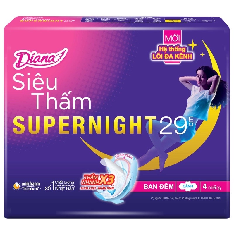 [MẪU MỚI] Băng vệ sinh Diana siêu thấm Supernight 29cm 4 miếng/gói