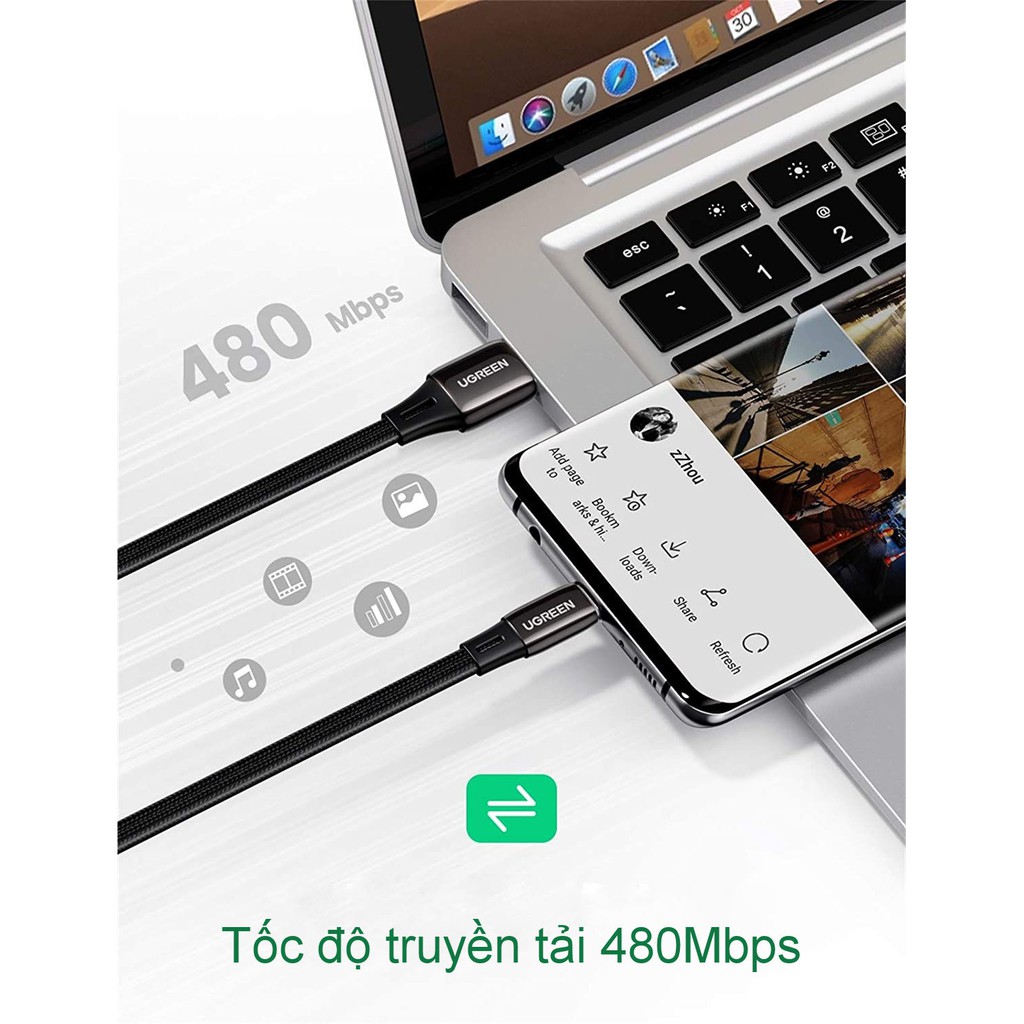 Cáp sạc nhanh USB 2.0 sang USB type C UGREEN US330 hỗ trợ dòng sạc 3A dạng dẹt dài 1m