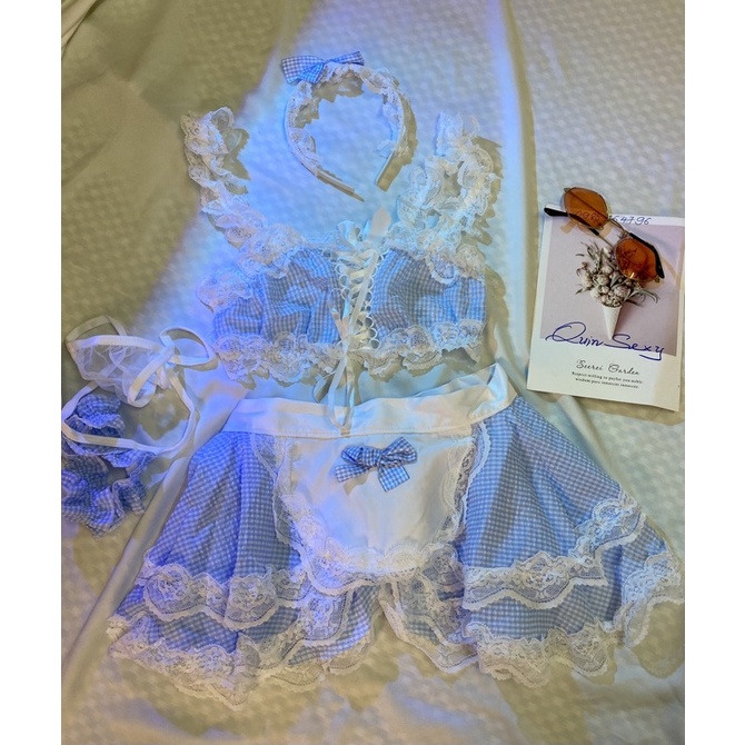 Cosplay sexy hầu gái - Bộ đồ lót nữ sexy gợi cảm - Set đồ cô hầu gái trễ vai kẻ caro xanh CL066