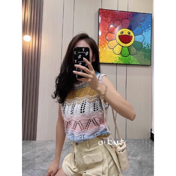 Áo len sát nách tone hồng nâu phối màu cực yêu luôn