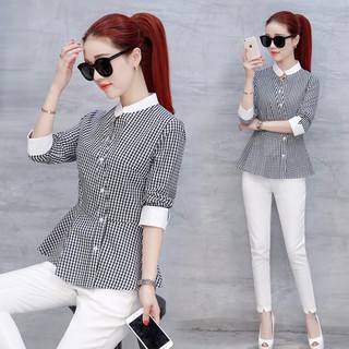 .THỜI TRANG NỮ - Áo Kiểu Sọc Caro Peplum PHỐI TRẮNG