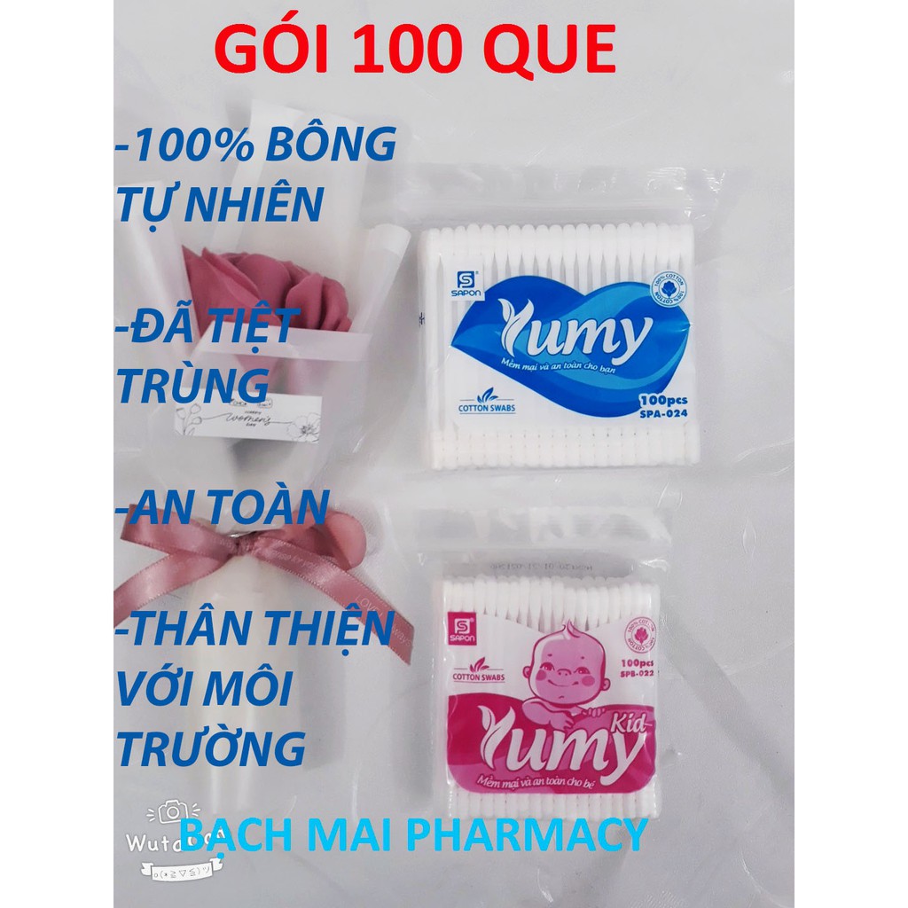 Tăm bông YUMY (gói 100 que ) an toàn thân thiện, giúp vệ sinh tai, mũi, vết thương; hỗ trợ trang điểm; chăm sóc da em bé