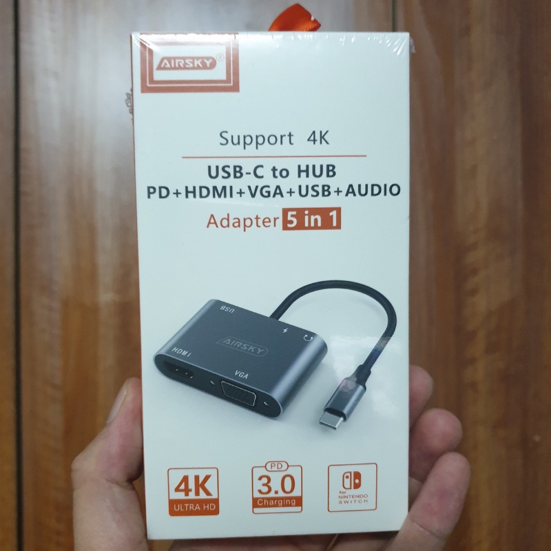 Hub Type C 5 in 1 - Bộ chuyển đổi Type c to HDMI VGA USB 3.0 Type C 3.5 Audio cho Laptop Mac, Dell, Lenovo