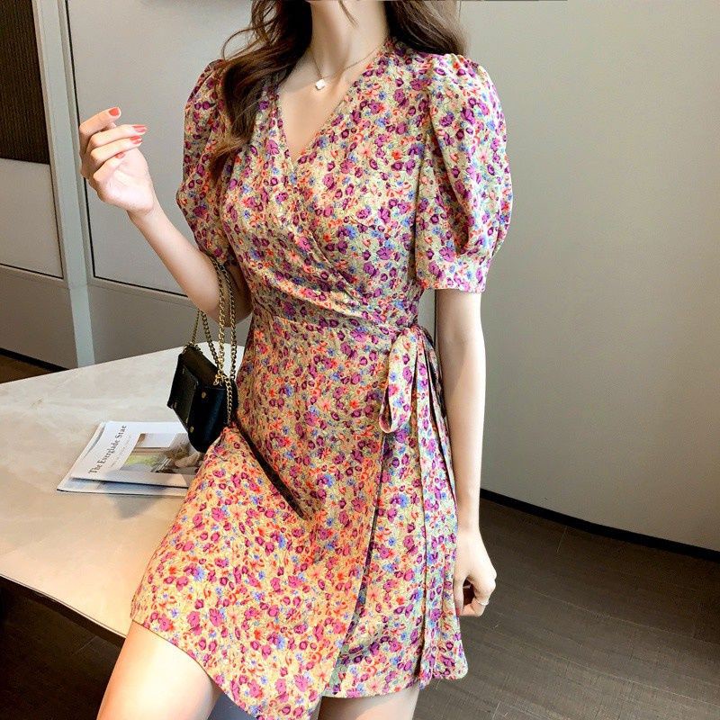 Đầm Chữ A Tay Phồng Cổ Chữ V Thắt Dây Nhấn Eo Tôn Dáng In Họa Tiết Hoa Lãng Mạn Kiểu Pháp Cho Nữ