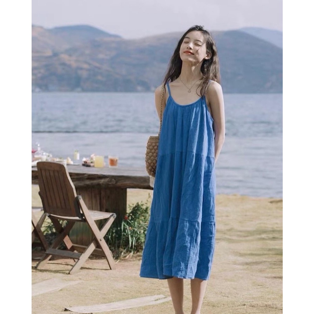 - Váy hai dây phong cách Vintage màu xanh Coban nổi bật, chất xô muslin mềm xốp nhẹ tênh