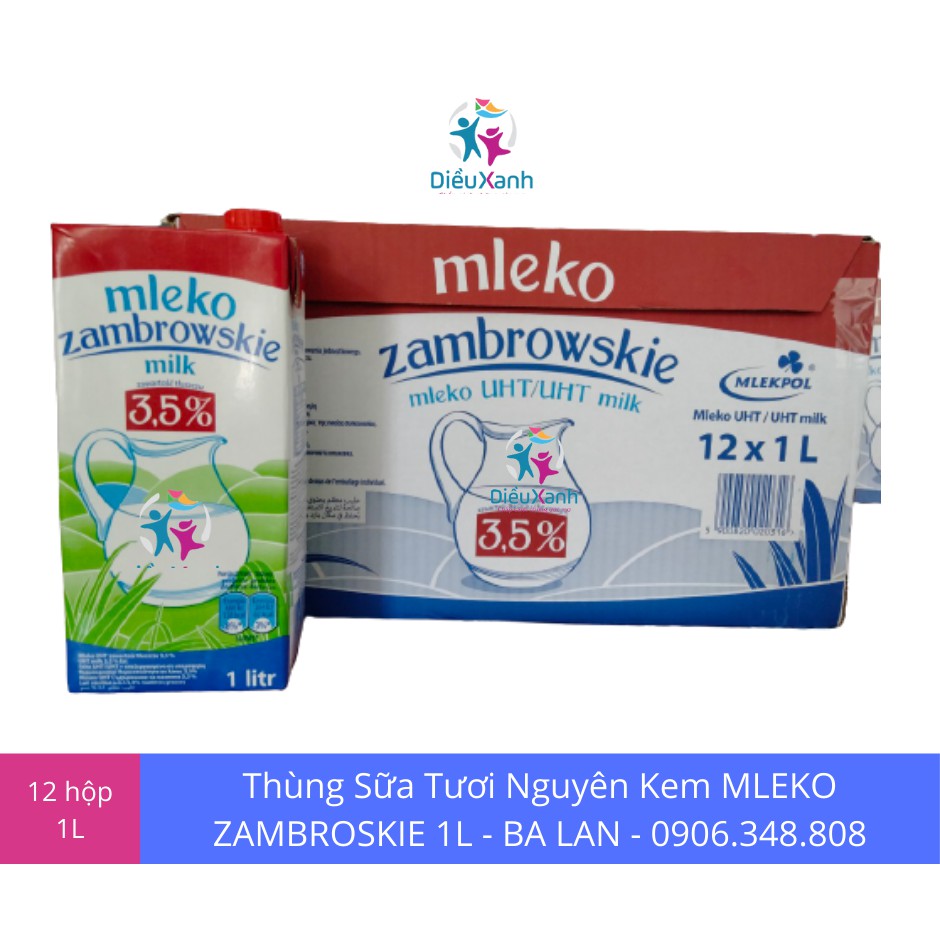 Thùng 12L sữa tươi nguyên kem Mlekovita Zambroskie 1L x 12 Hộp - Sữa nhập khẩu nội địa Ba Lan