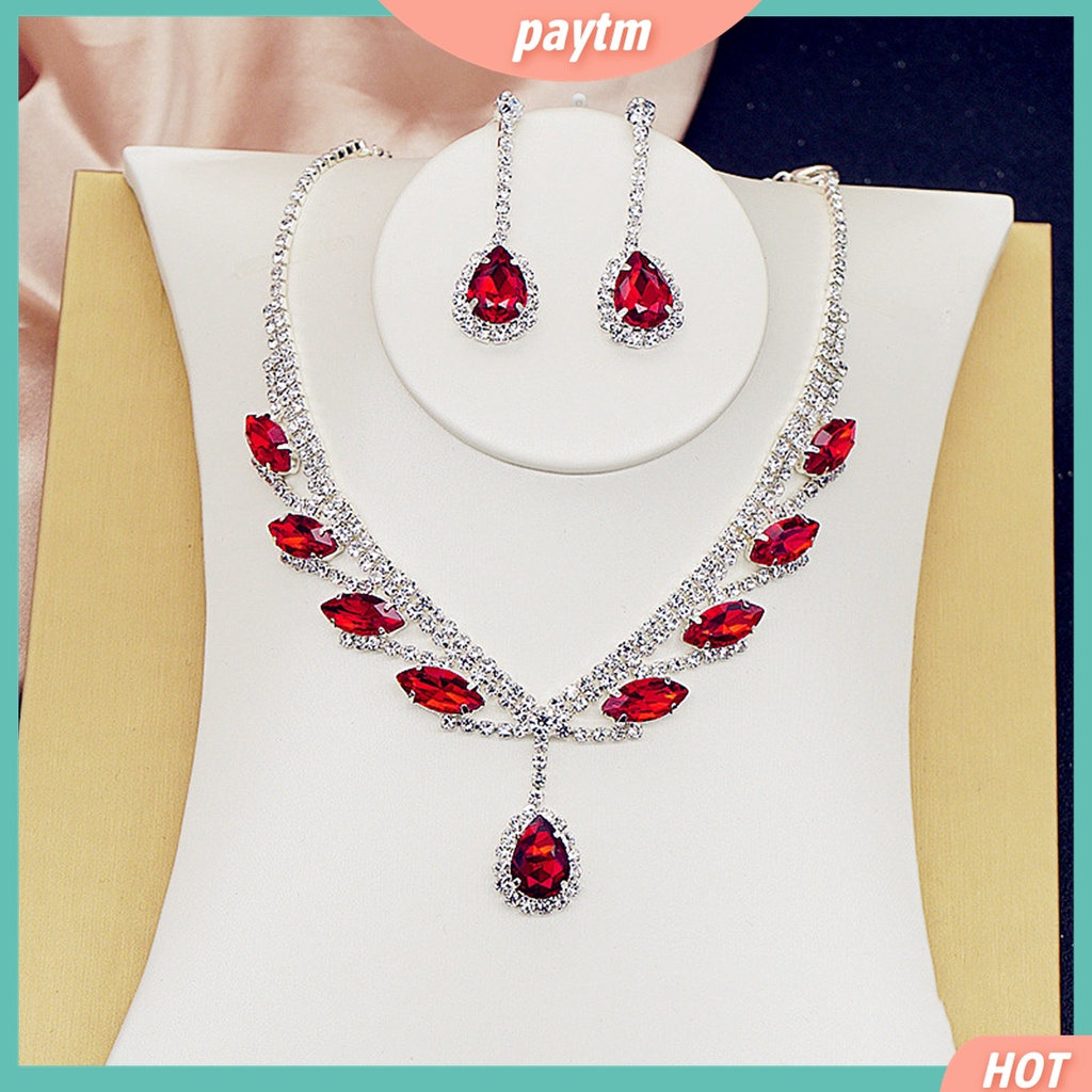 1 Bộ Vòng cổ + Bông Tai Mạ Điện Hình Giọt Nước Đính Đá Lấp Lánh Cho Cô Dâu