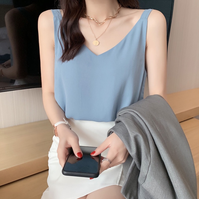 Áo Voan Hai Dây Cổ Chữ v Màu Trơn Thời Trang Dành Cho Nữ