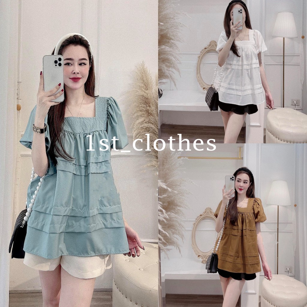 Set Xanh Ngọc Cổ Vuông Mix Quần Short Be