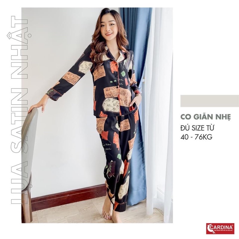 Bộ nữ pijama lụa Satin  Cardina áo dài quần dài cao cấp, hoạ tiết