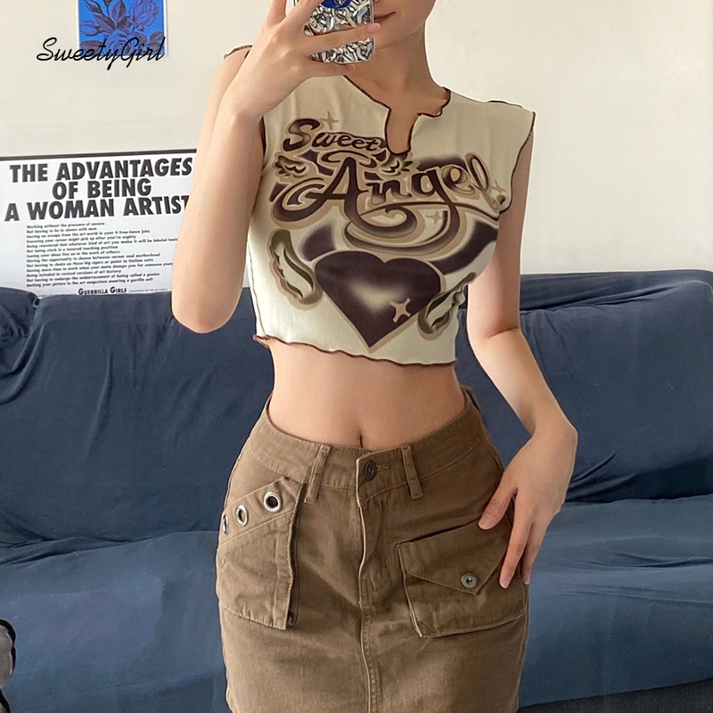 Áo Thun Sát Nách Cổ Chữ V Họa Tiết Hoạt Hình Phối Màu Tương Phản Thời Trang 2022 Cho Nữ