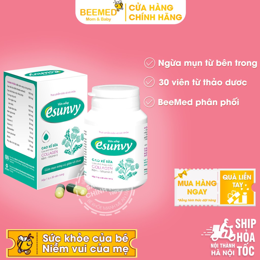 Viên uống ngừa mụn Esunvy - Giúp thanh nhiệt, giải độc, giảm mụn, sạm da, ngừa vết thâm từ thảo dược Hộp 30 viên