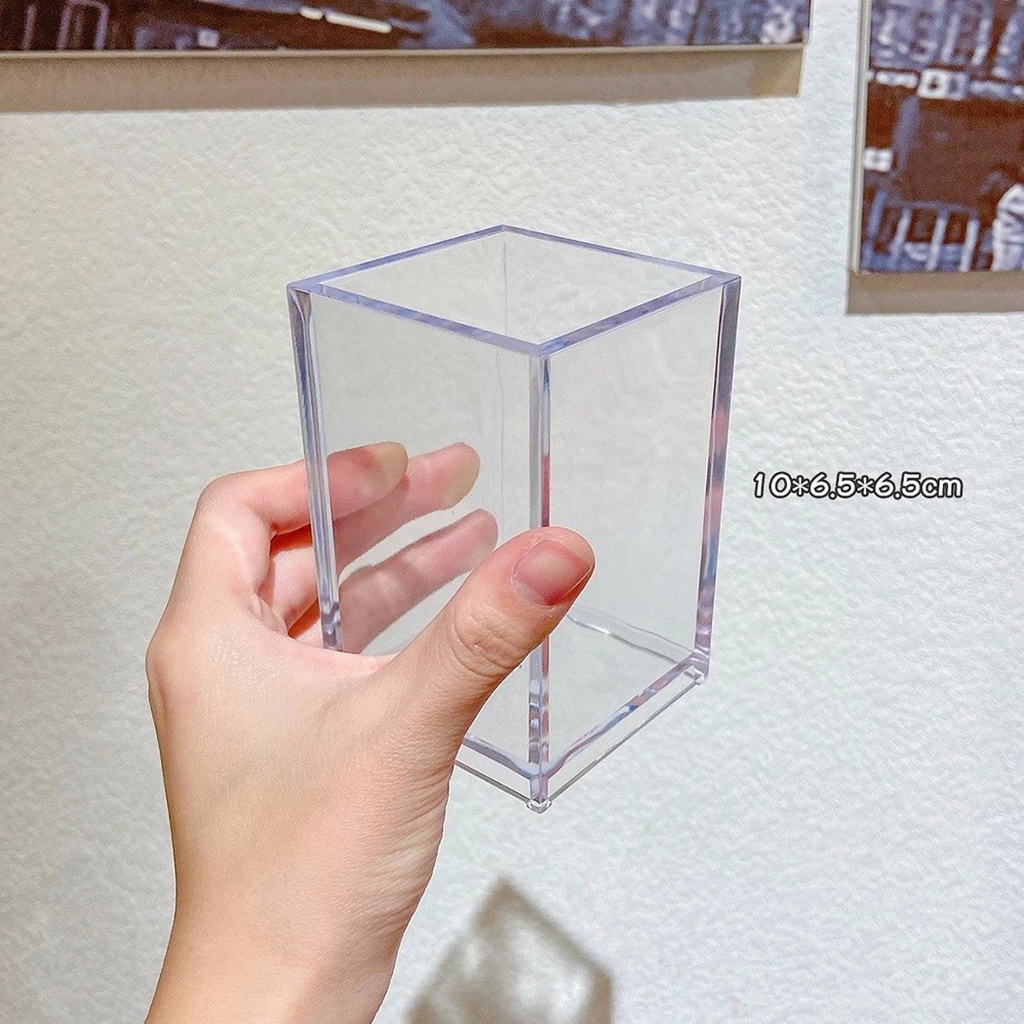 Hộp Đựng Cọ Trang Điểm / Bút Bằng Acrylic Trong Suốt Hình Vuông Đơn Giản Tiện Dụng Cho Học Sinh