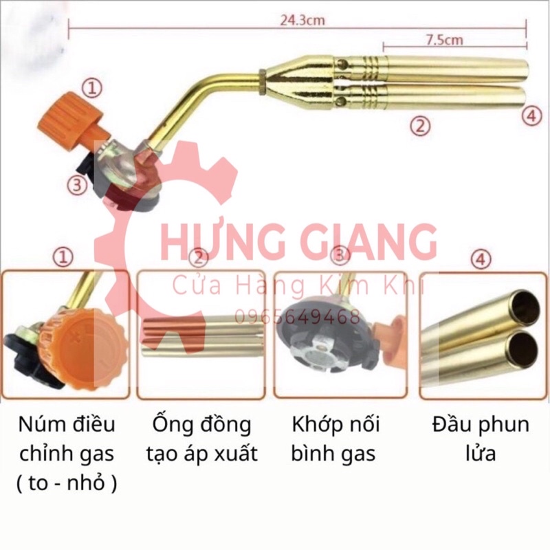 Đèn Khò Ga, Đầu Khò 2 Ống Bằng Đồng Dùng Cho Bình mini CHÍNH HÃNG